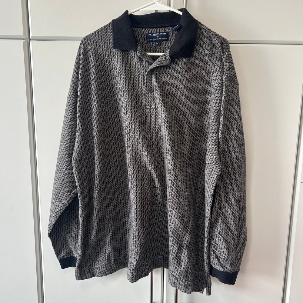 Hathaway Sport Mens XL Long Sleeve Polo Shirt Grey Black Geometric Cotton Knit
